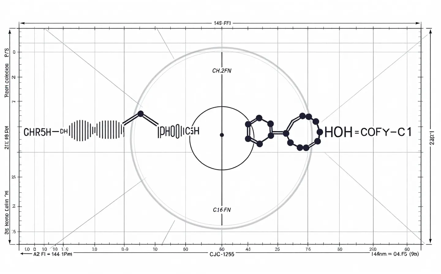 Two engraved peptide-chain motifs converging on a single ruled receptor node on an arctic cool-white grid